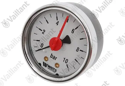 Vaillant Manometer zur Druckmessung mit einem weißen Zifferblatt, roten Zeiger, und einer Skala bis 10 bar. Das Gerät ist für die Nutzung in Solarstationen geeignet.